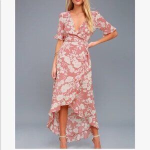 NWT Lulu's Wild Winds Pink Floral Print High-Low Wrap Romantic Dress Size Medium